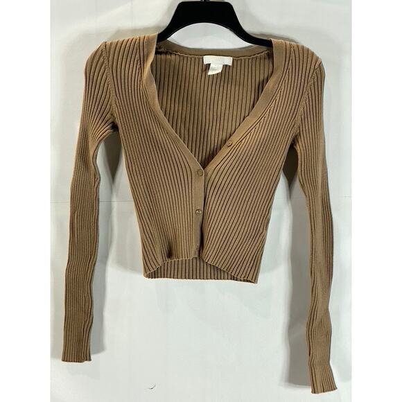 H&M Women's Brown Rib Knit V-Neck Long Sleeve Button-Up Cardigan SZ XS - Picture 2 of 9
